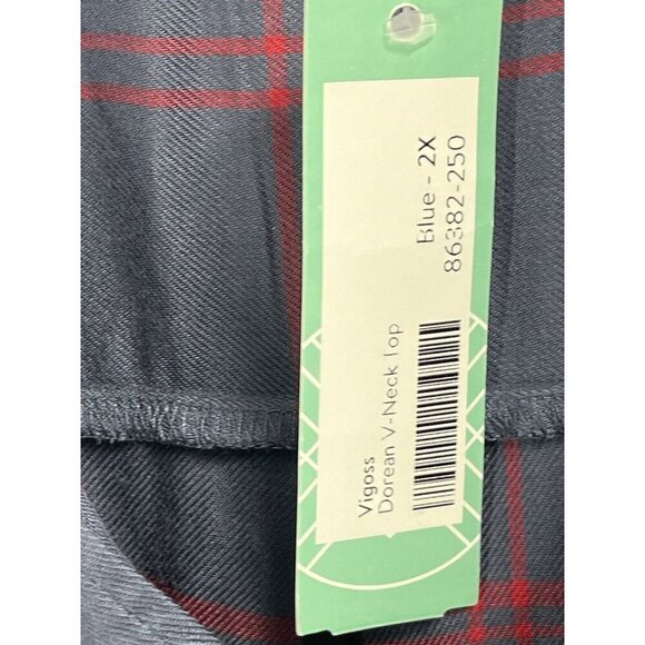 Vigoss Blue Plaid Popover Doreen V Neck Top Sz 2X NWT Long Sleeve Collared - Picture 4 of 7